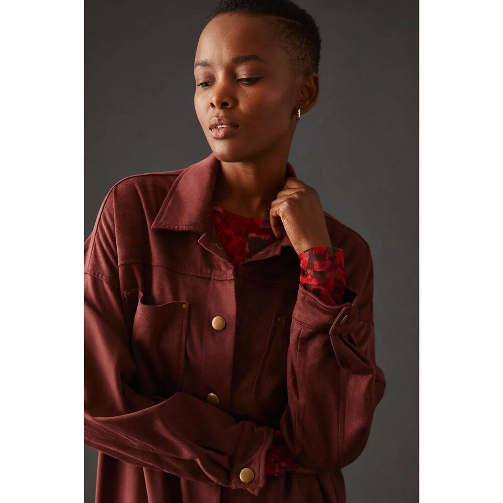 Anthropologie Pilcro Duster Faux Suede Warm Brown Snap Front Size M Jacket Artsy - Picture 4 of 11